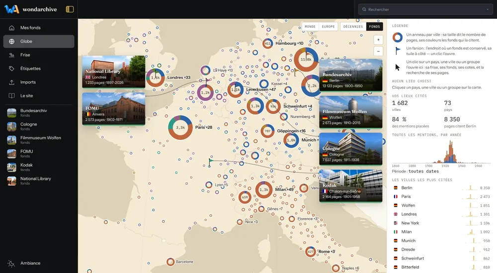 The demo’s Globe view: the fonds placed on the map, each city marked by a ring sized to its pages.