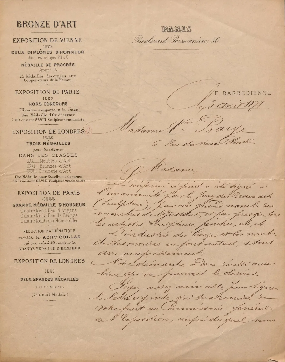 Letter from F. Barbedienne to the widow Barye, handwritten on printed letterhead, Paris, 3 April 1878 · Bibliothèque de l’INHA, collections Jacques Doucet, Archives 166 (fonds Antoine-Louis Barye), Licence Ouverte / Open Licence Etalab 2.0
