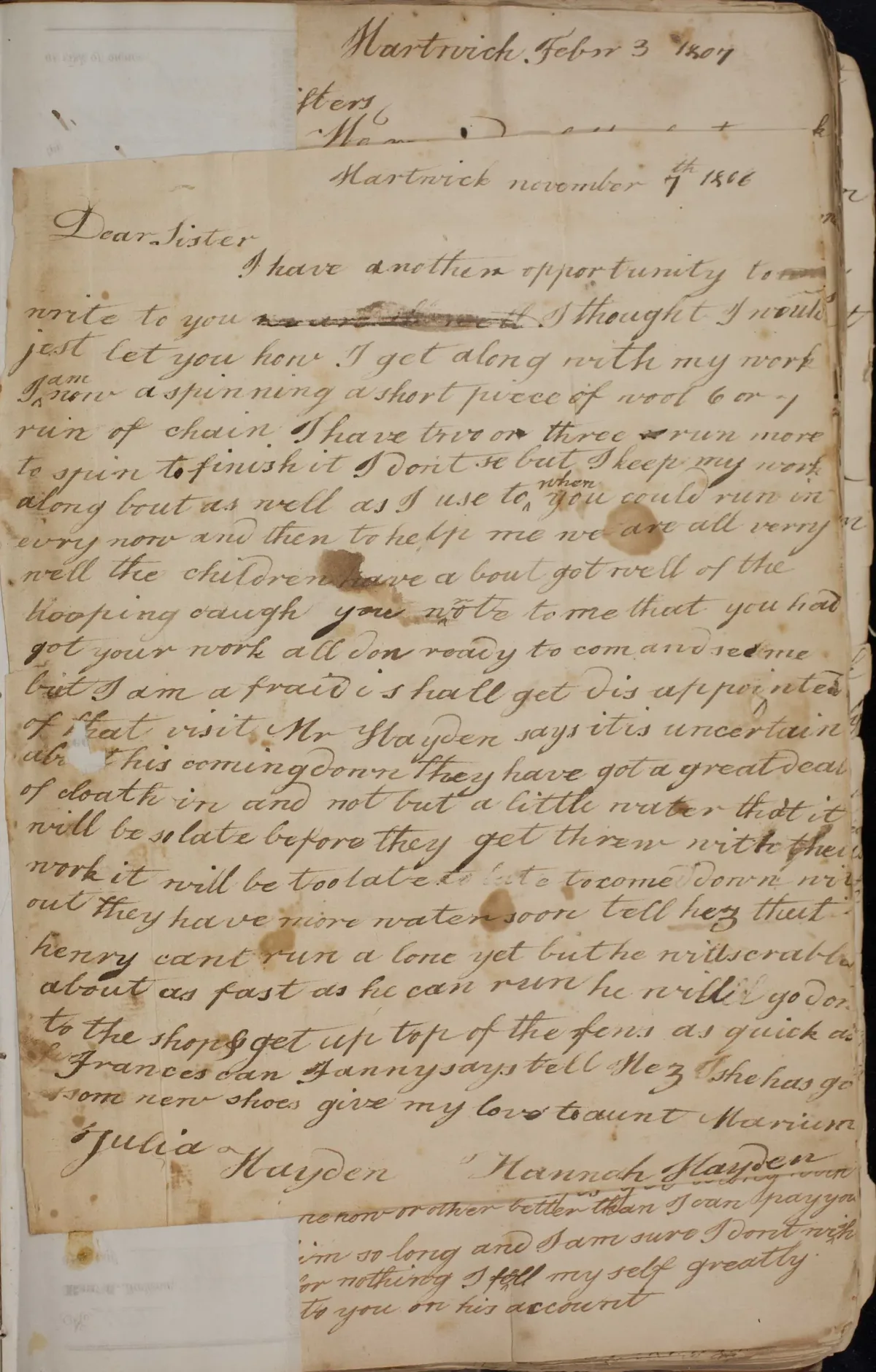 Handwritten letter from Hannah Hayden to her sister, Hartwick, 7 November 1806 · The Newberry Library, Chicago, No Copyright – United States (NoC-US 1.0)