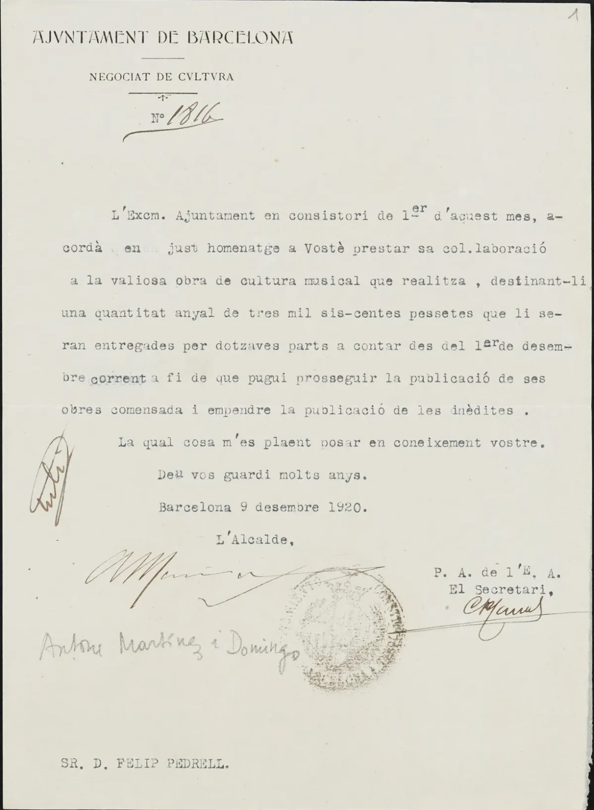 Typewritten letter in Catalan from the Ajuntament de Barcelona to Felip Pedrell, Barcelona, 9 December 1920 · Biblioteca de Catalunya, Fons Felip Pedrell (M 964), Public Domain Mark 1.0