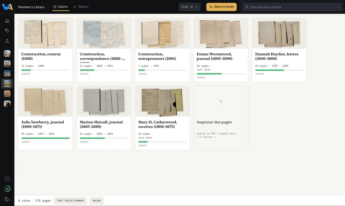 Wondarchive screen: Fonds, shelfmarks, folios