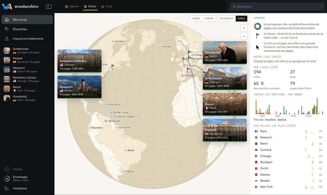 Wondarchive screen: Places, on a globe