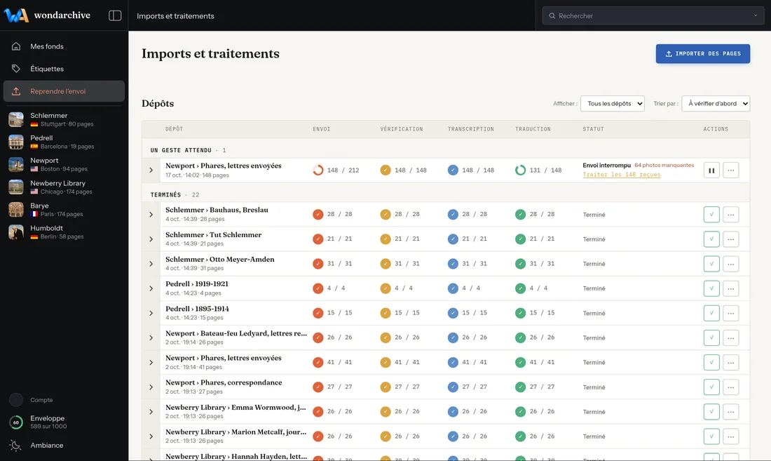 Wondarchive screen: Resuming after a break